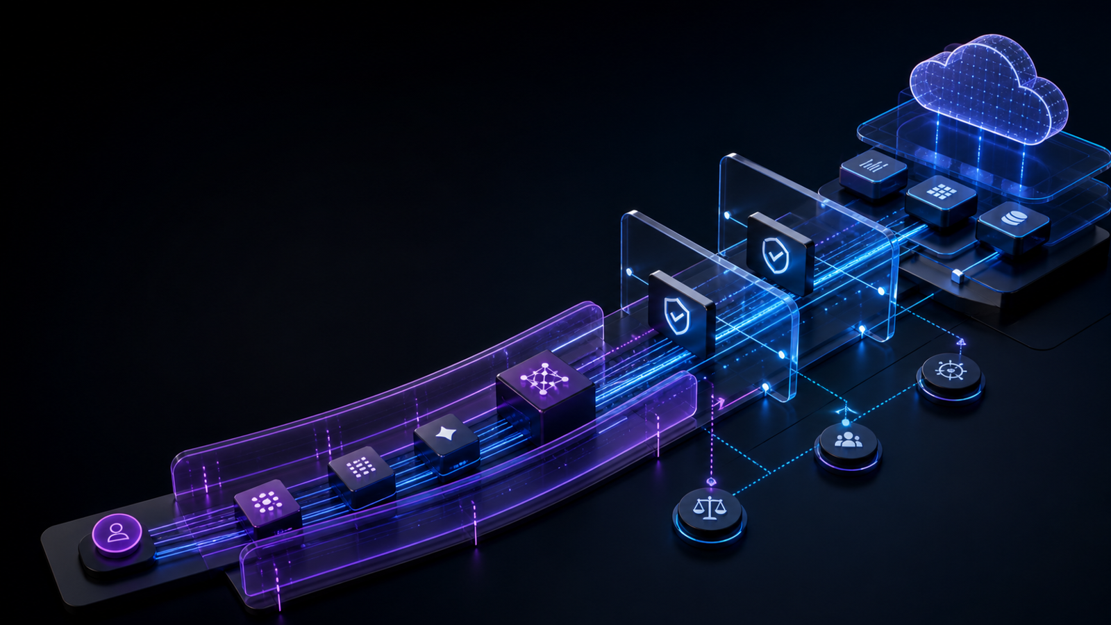Abstract Cygeta-style visualization of AI workflows moving through layered governance and validation guardrails in a dark blue and purple cybersecurity environment.